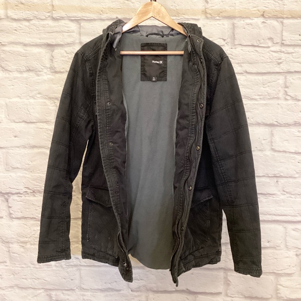 Hurley Lg Canvas Chore Barn Jacket Men’s Faded Black Pockets Hooded Small Flaw - Picture 4 of 12